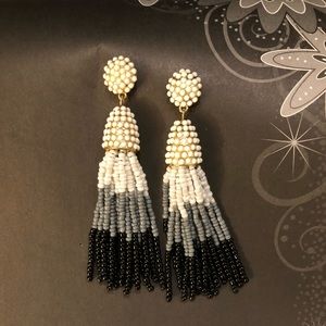 Black and White Beaded Tassel Earrings